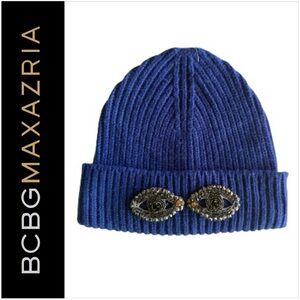 Bcbgmaxazria 80%Wool Eye See You Beanie Blue with Eye Embellishments.